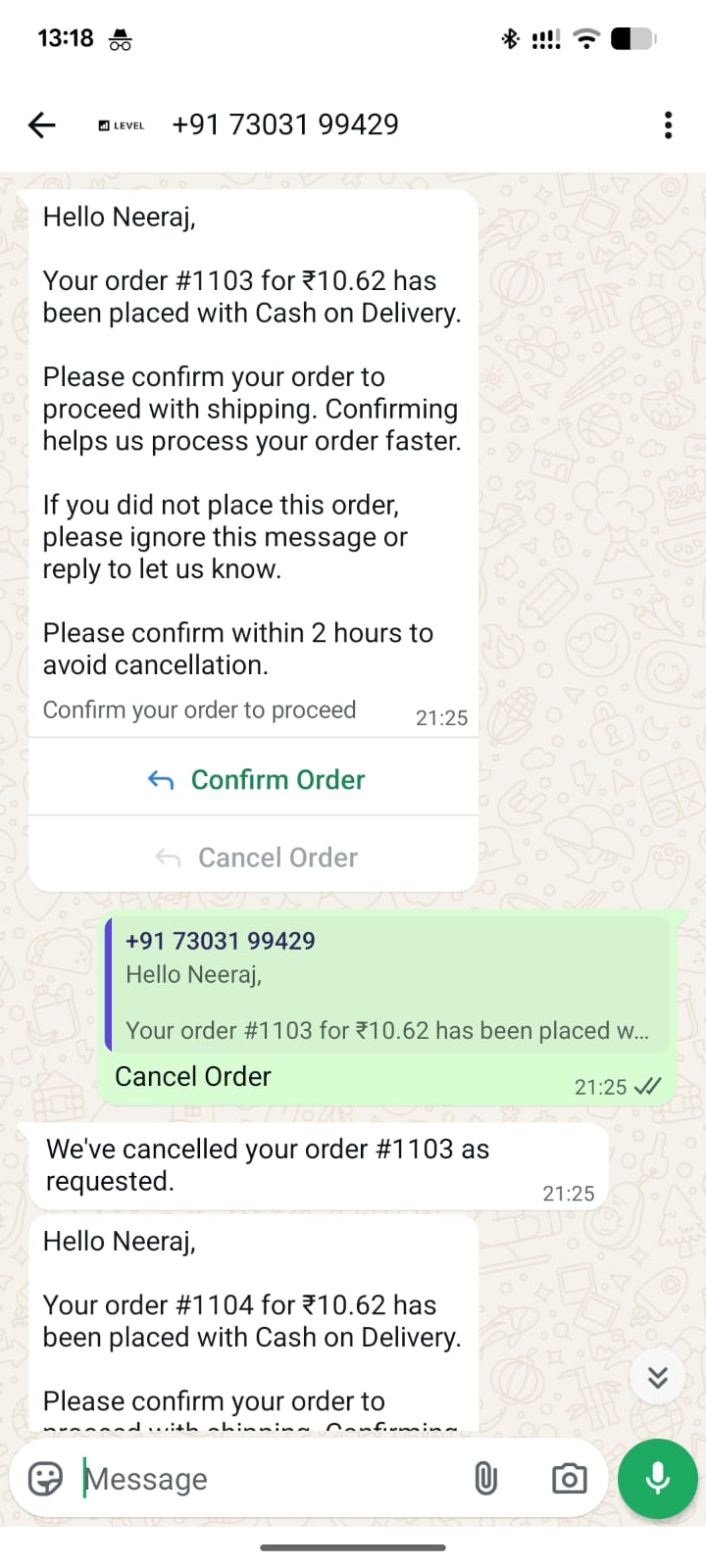 WhatsApp order verification message with Confirm and Cancel buttons on mobile
