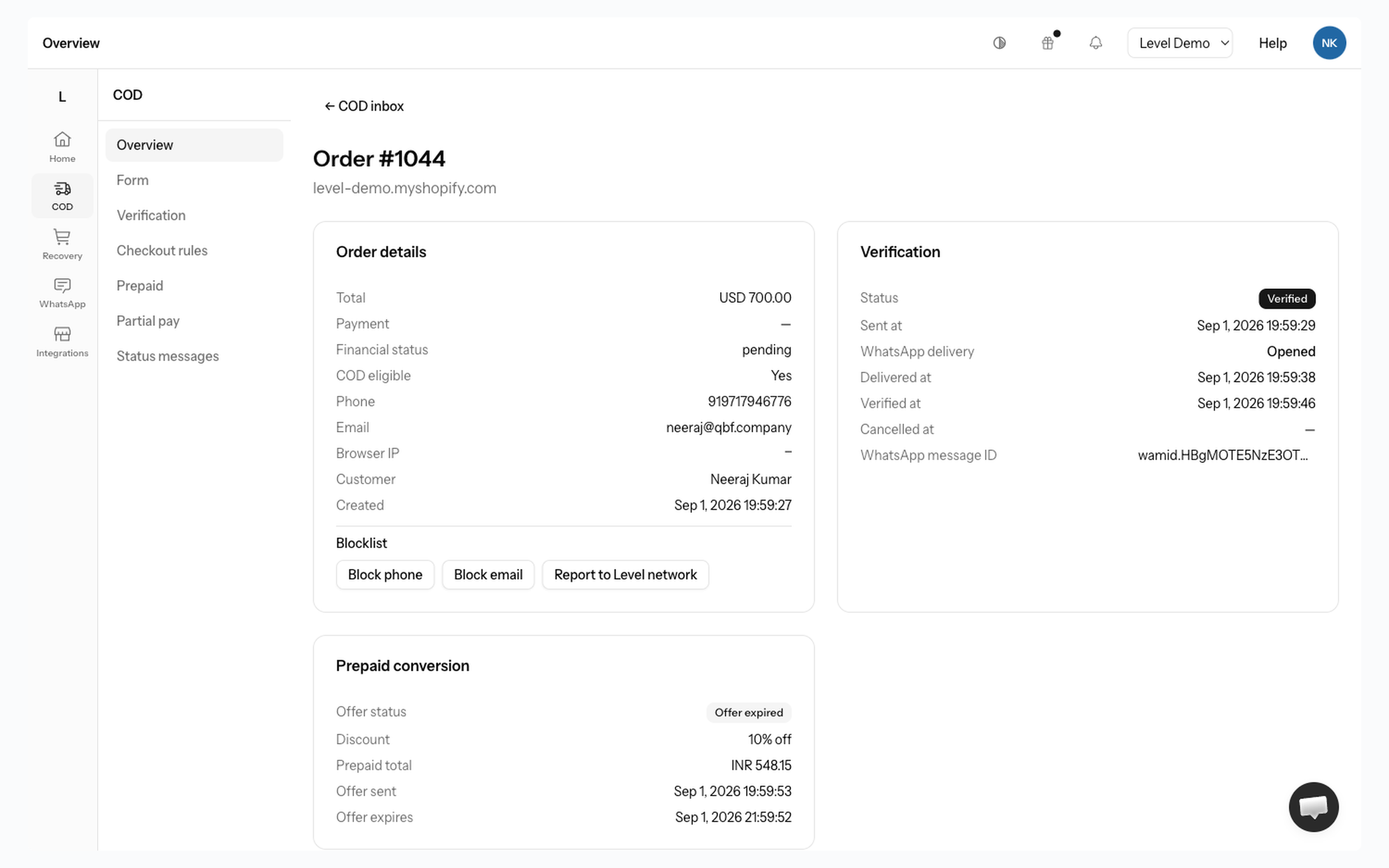 Verified order detail in Level