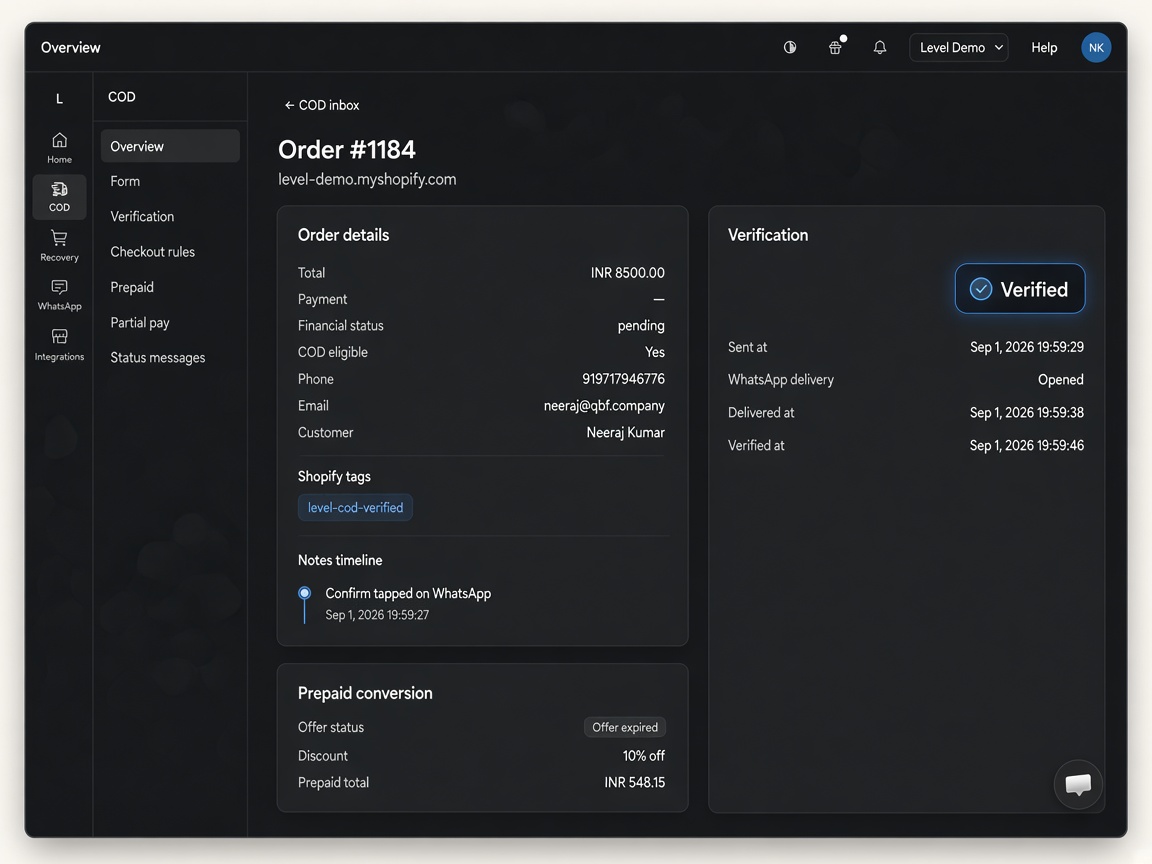Verified COD order detail in Level