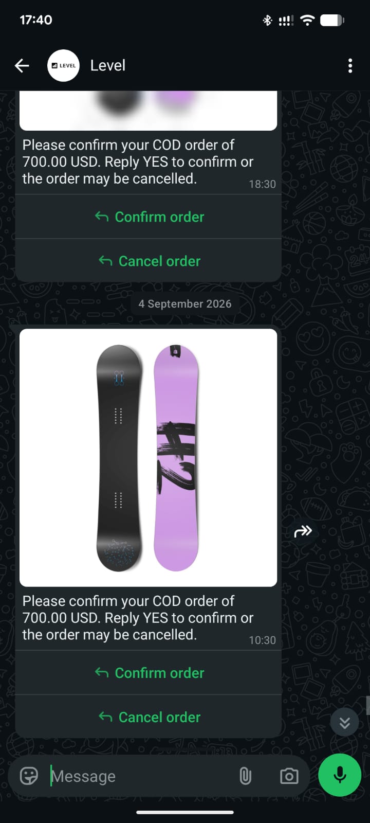 Level WhatsApp — Confirm order or Cancel order for COD